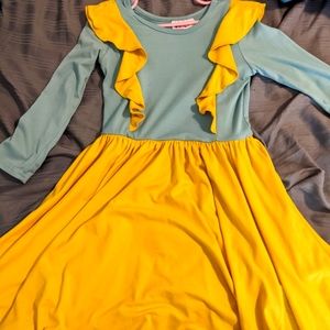 DDS Ruffle Twirl Dress Yellow 5/6 Steel blue